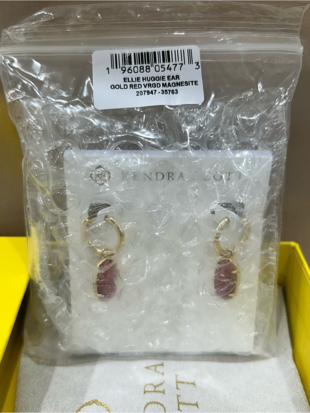 Kendra Scott Gold Huggie Earrings with Red-Mauve Magnesite Drops